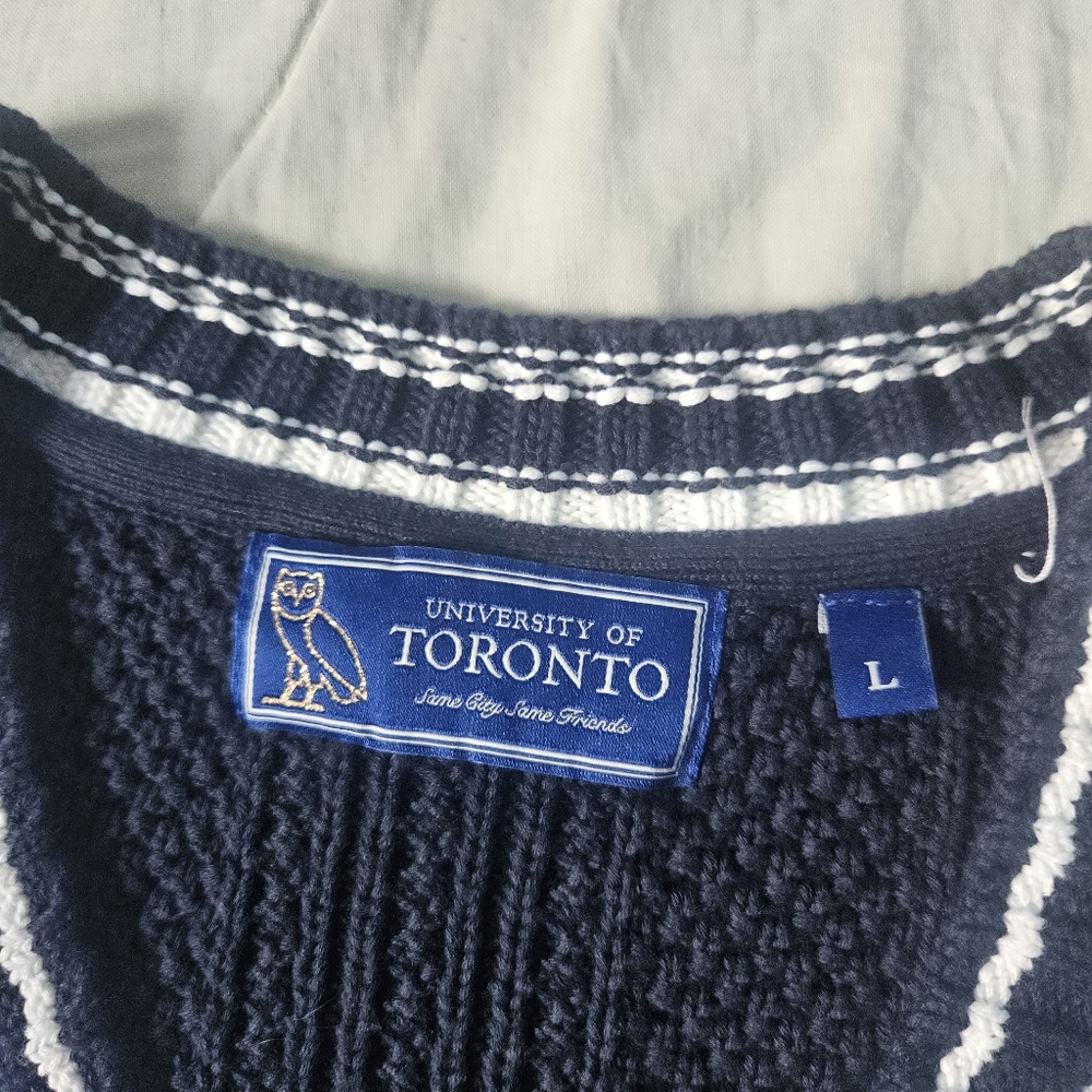 OVO x UofT Women's Cable Knit Sweater Vest Navy White 100% Cotton Large - Picture 3 of 8
